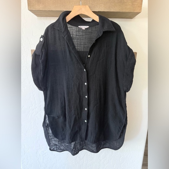 Nanette Lepore|Black Casual Button-Up Top in short sleeve,gauze beachy style•••L - Picture 2 of 13